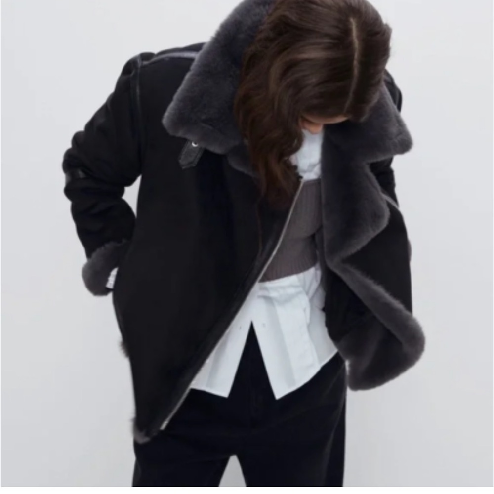 Zara Moto Faux Fur Jacket Zip Front Trim Detail Black M Charcoal Shearling